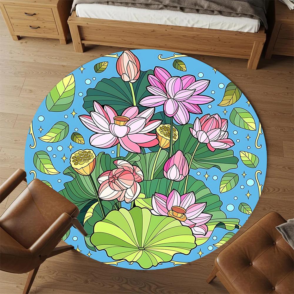 1pc Lotus Flower Leaves Round Chair Mat Office Area Rug - Non-Slip, Floor Mat for Office, Bedroom, and Indoor Decor P127102