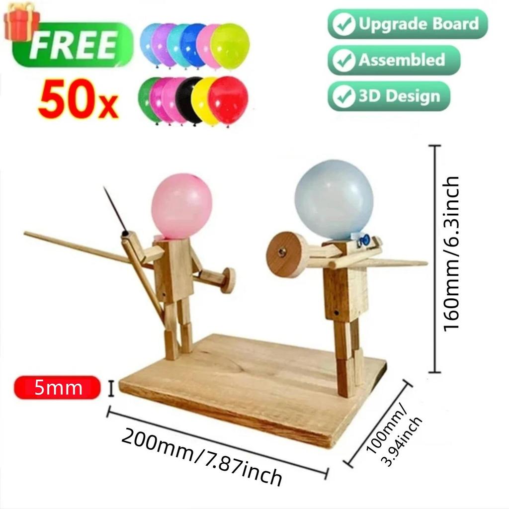 Balloon Bamboo Man Battle Handmade Wooden Fencing Puppets Wooden Bots Battle Game Two-Player Fast-Paced Balloon Battle Game 5