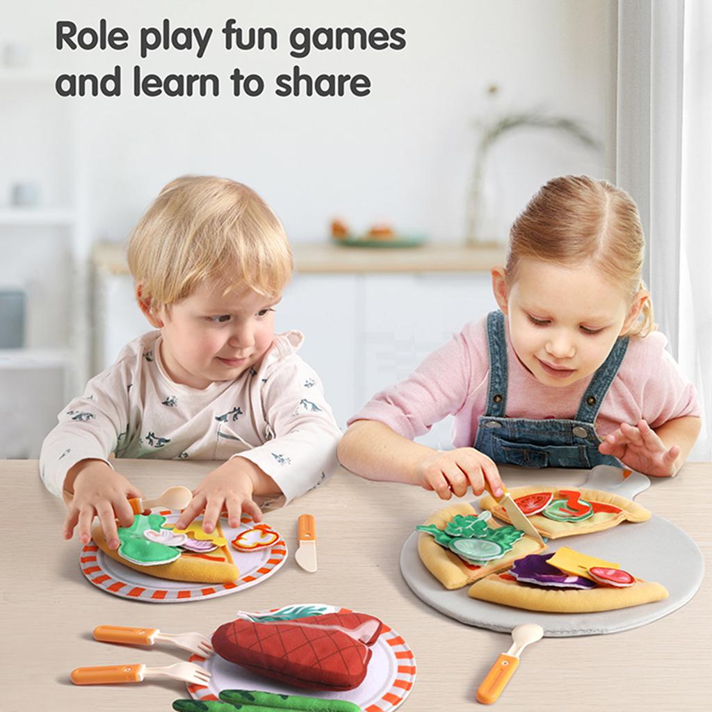 Pretend Play Food Set 31 Piece Felt Play Cutting Pizza Toys DIY Pizza Kits with Beef Steak Vegetables Dinnerware Plates Accessories Kitchen Toy Chef