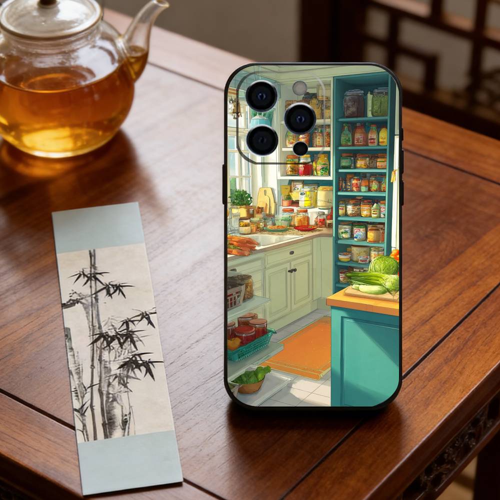Cute anime kitchen pattern Phone Case For iPhone 17,16,15,14,13,12,11 Plus,Pro Max,XS,Soft Silicone Black Cover