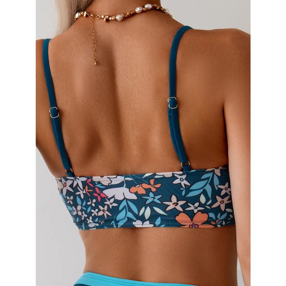 Vintage Blue Floral Print Bikini Women Hollow Out Push Up Drawstring Side High Waist Swimsuit 2026 Beach Bathing Suit Swimwear