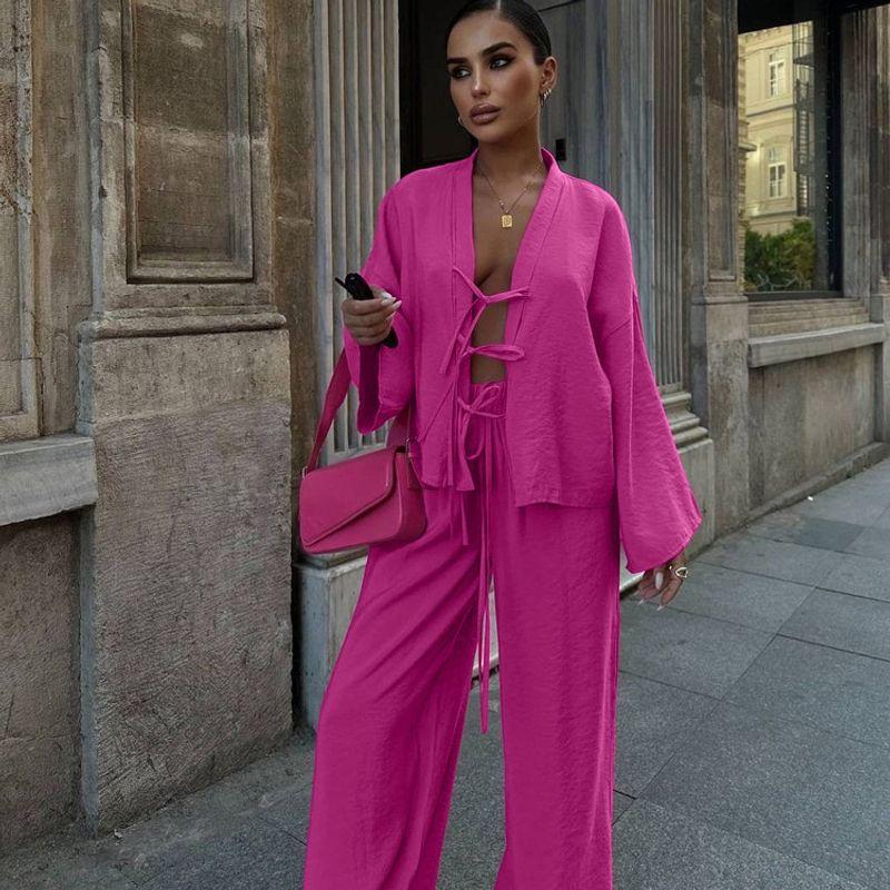 Solid Casual Two-piece Set European and American Fashion Lace-up Shirts Trousers Set Women Casual Two-Piece Set