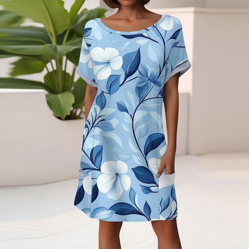 Damenmode Kurzarmkleid mit Taschen Blumendruck Lässiges Strandkleid