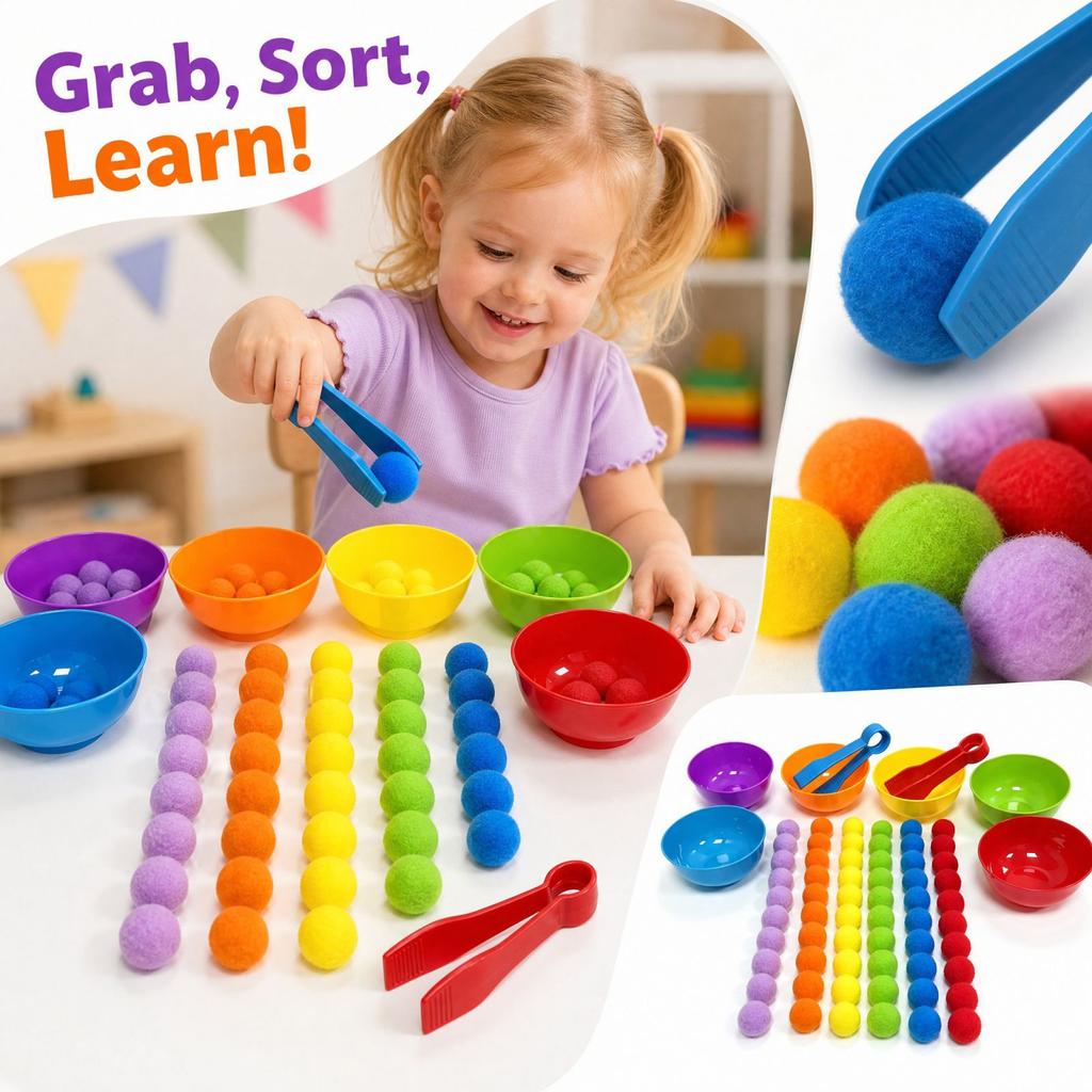 Toys for Toddlers, Color Sorting Bowls Set with Tongs and Pom Poms, Fine Motor Skills Preschool Learning Activity for Hand-Eye Coordination
