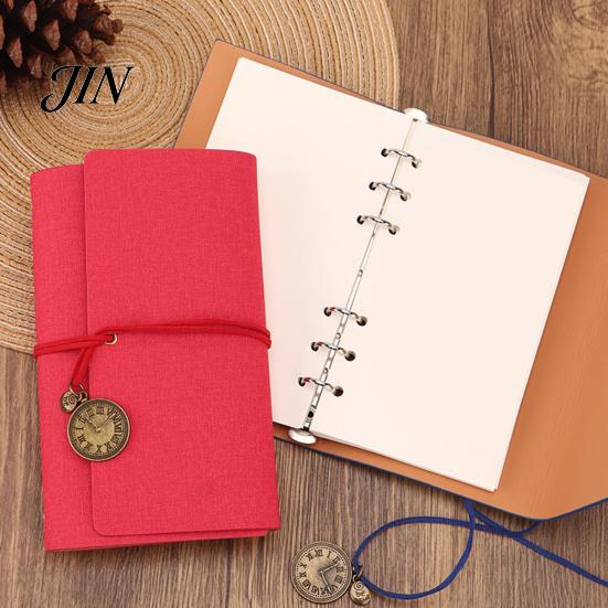 Durable Cover Notebook Faux Leather Writing Journal Notebook, 6 Ring Loose Leaf Binder, 7 Inch Diary Sketchbook with Clock Pendant for Travel Business