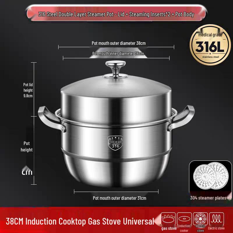 316 Stainless Steel High-Rise Steamer Pot, Extra Thick, Food-Grade, Large Capacity, Versatile 3-4 Layer Soup Pot