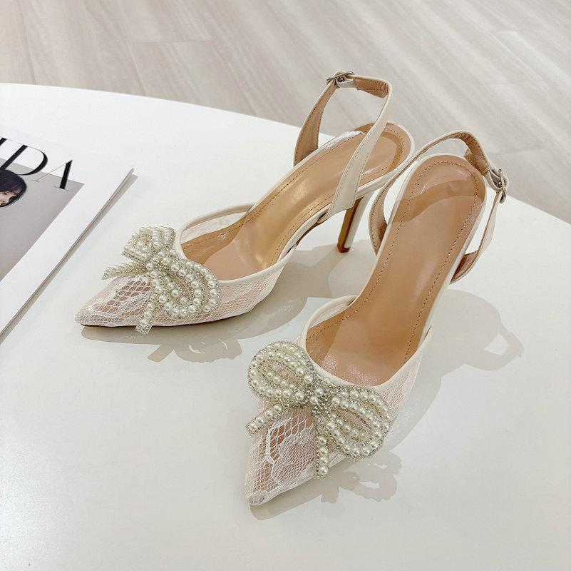 Fashion New Spring 2025 White High-Heeled Women'S Pearl Bow Lace Pointed Toe Sexy And Versatile Sandals