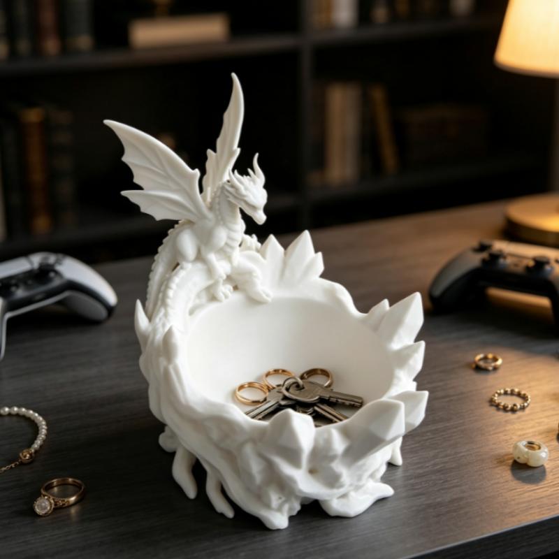 Fantasy Dragon Figurine Trinket Box 3D Printed Dragon Shaped Bowl Jewelry Storage Tray Desktop Organizer for Keys Small Items