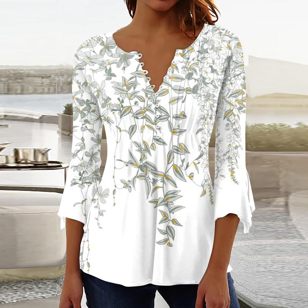 Button-Down-Hemden für Damen, bedruckte Tunika, Sommer-Oberteile, elegante, lässige Glocke, 3/4-Ärmel, V-Ausschnitt, Frühlingsblusen
