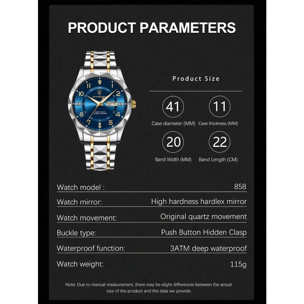 POEDAGAR Men's Stainless Steel Business Date Waterproof Luminous Quartz Watch,  Suitable For Work Occasion