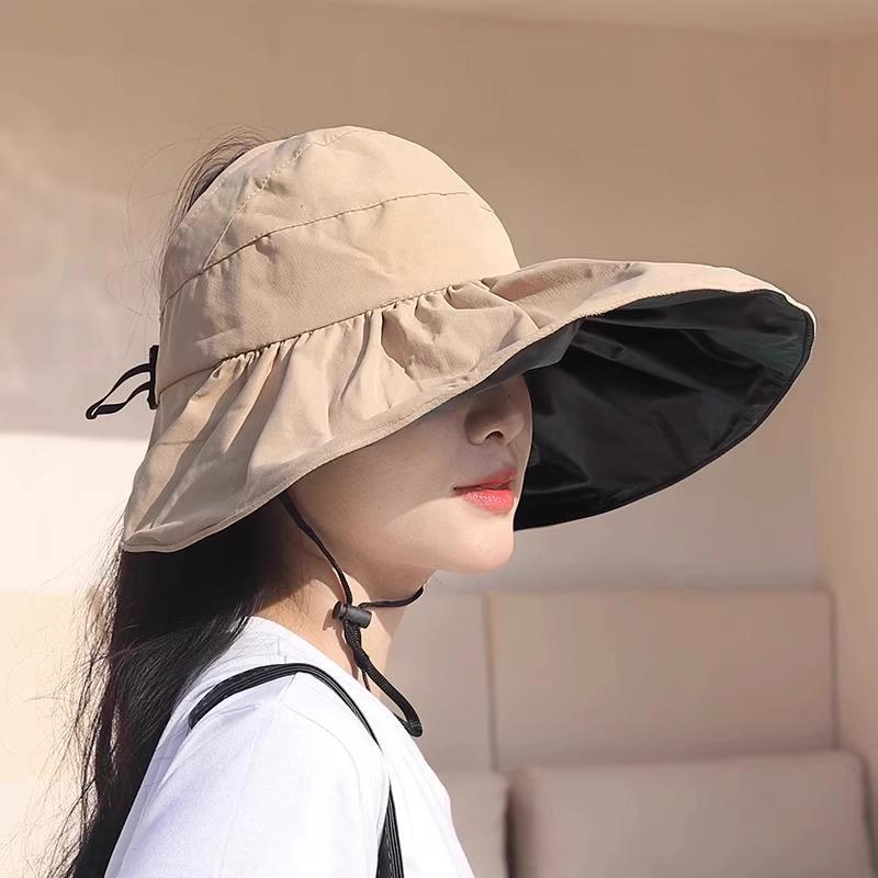 

Womens Large Brim Black Fisherman Sun Hat with Face Covering