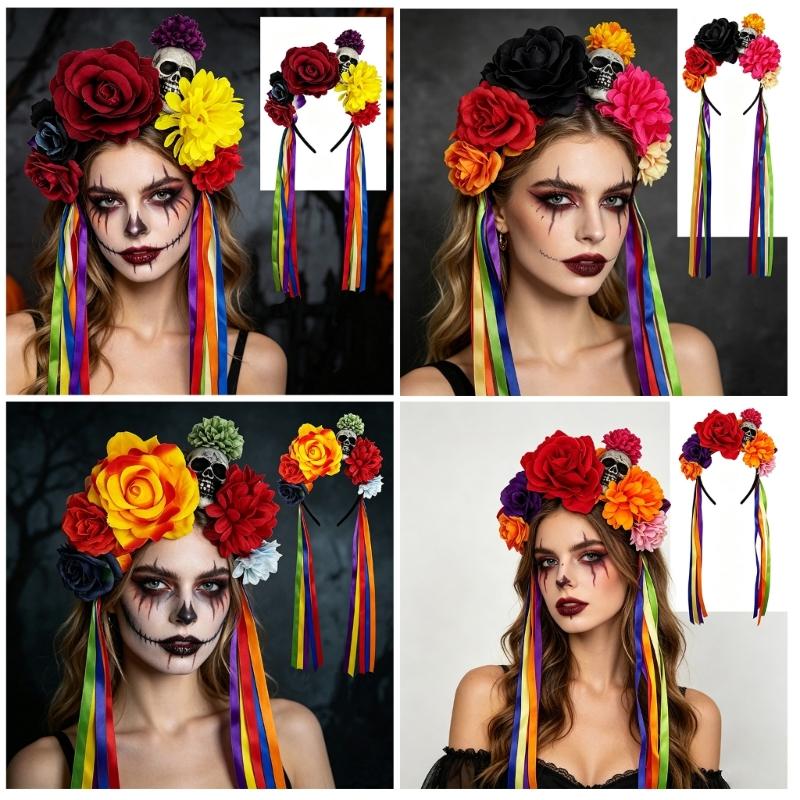 Faixa de Cabeça com Design de Flor de Caveira Para Festa de Halloween Leve Confortável Aro de Cabelo Faixa de Cabelo Única Acessório de Cabeça para Cosplay