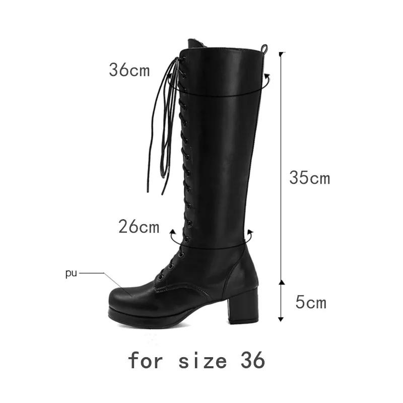Fashion Women's High Knee Boots Winter Shoes Lovely Sweet Lace Up Purple Pink White Lolita Shoes Girls Long Boot Large Size 48