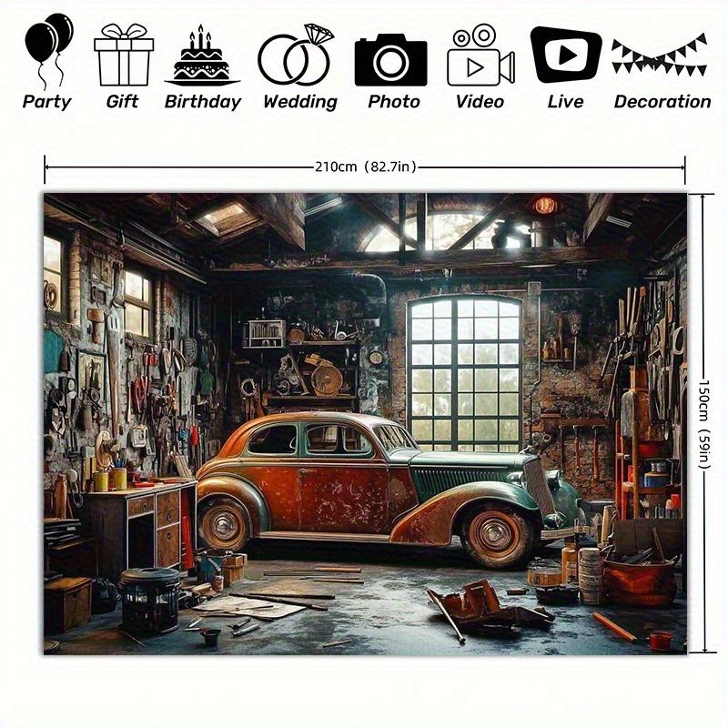 1 Vintage Garage Classic Car Photography Backdrop - a Polyester Party Banner Suitable for Indoor and Outdoor Events