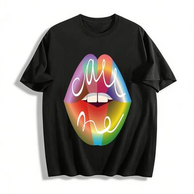 Rainbow Lips All Me Print Casual Short Sleeve T-Shirt Pure Cotton T-shirt