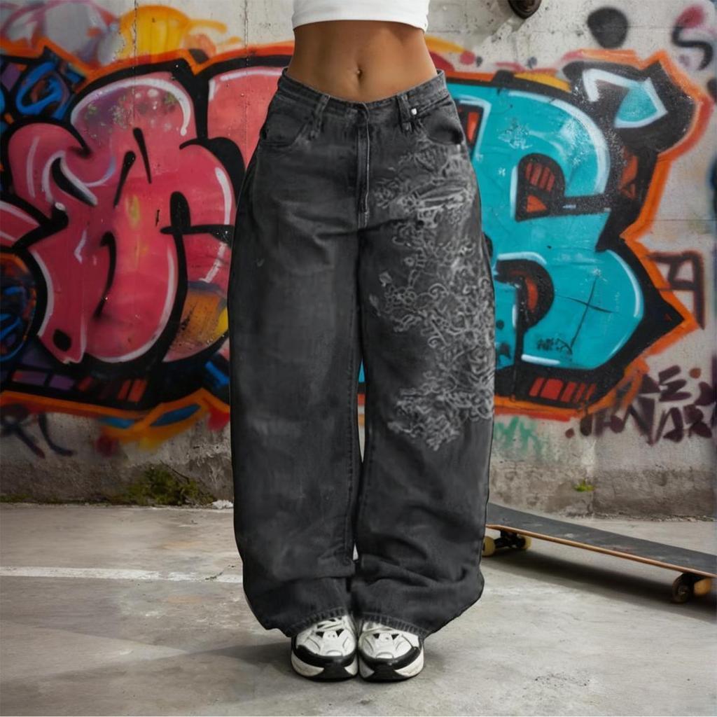 Women's Retro High Street Wide-Leg Denim Trousers Washed High-Waisted Casual Stylish Denim Trousers