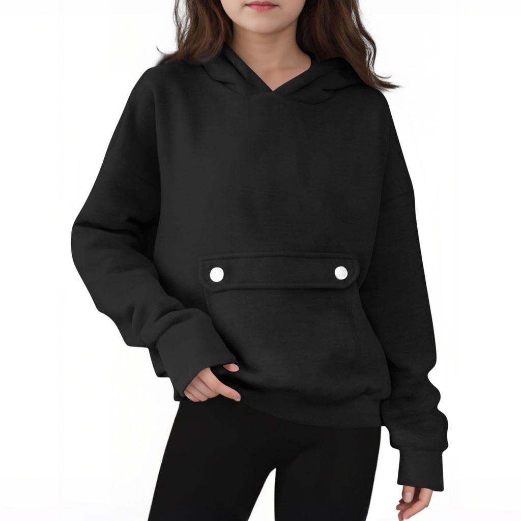 Children's Oversized Pullover Long-Sleeve Hooded Sweatshirt With Button Pockets In Solid Color