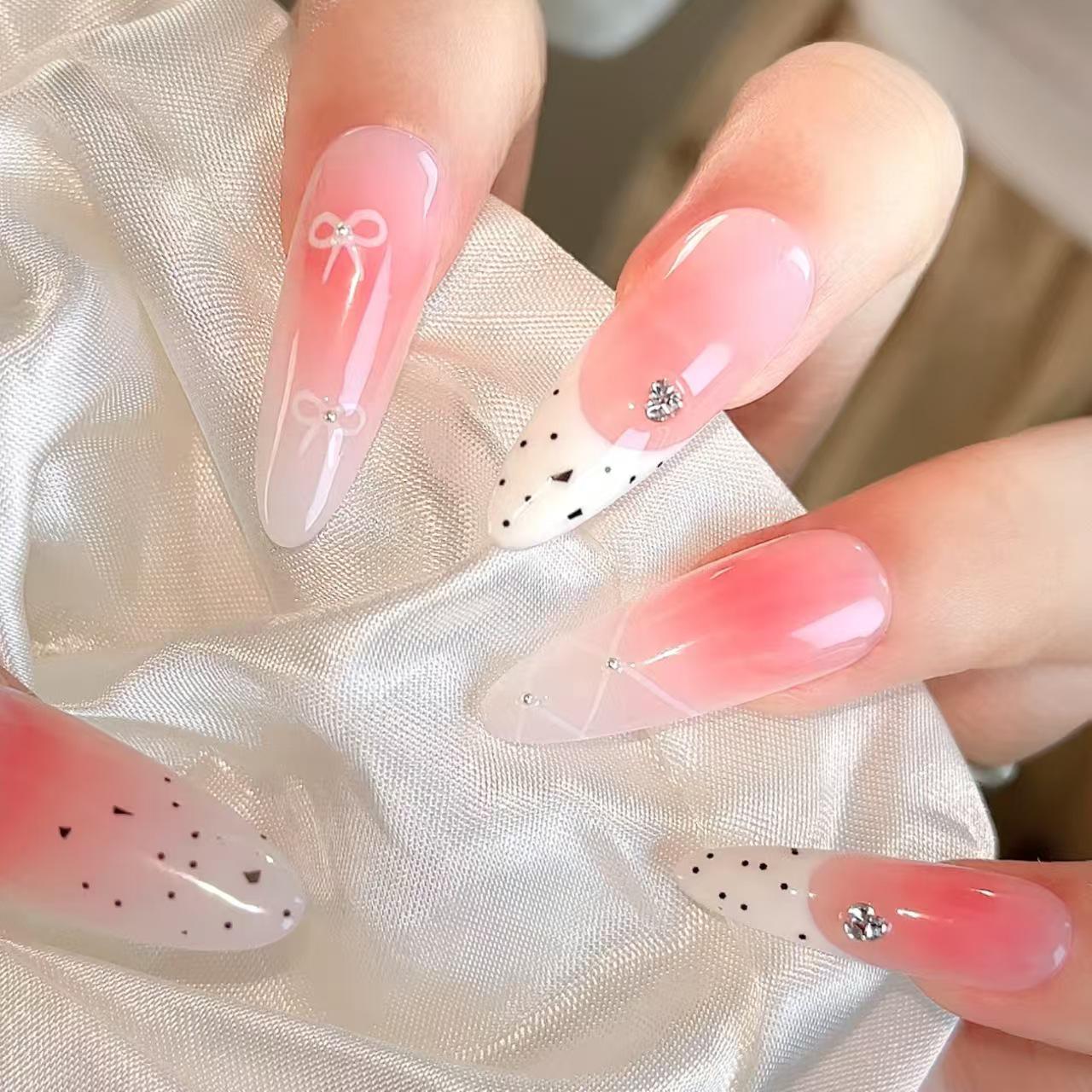 Elegant French Ballet Blush Nails: Hand-Painted Bow Knot Art Medium
