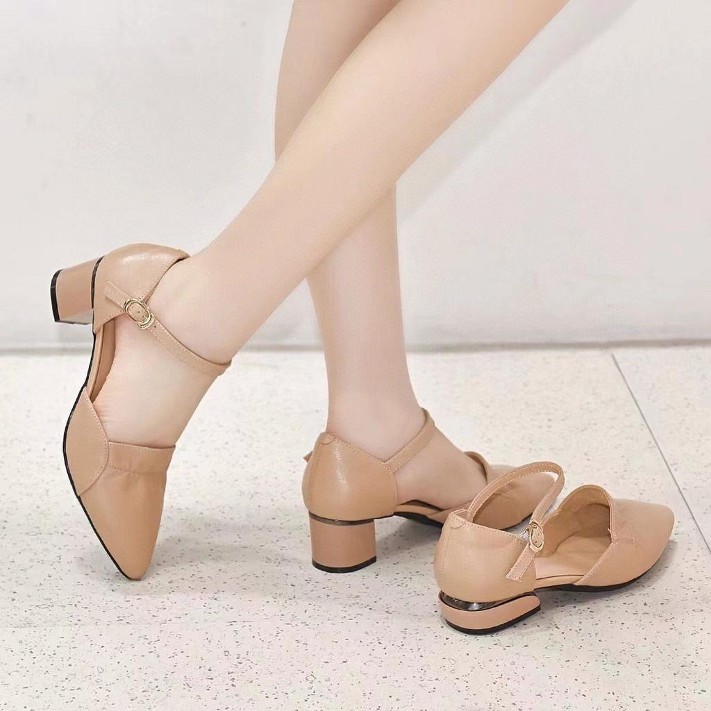 Hollow sandals 2025 summer new ruffle edge pointed head with thick heel middle heel first layer cowhide women's sandals
