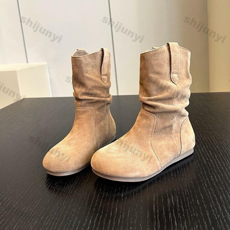 Fashion Women's Fashion Thick Heels Ankle Boots Soft Sole Pleated Ankle Boots Western Boots Woman Autumn Slip On Pile Short Botas Mujer