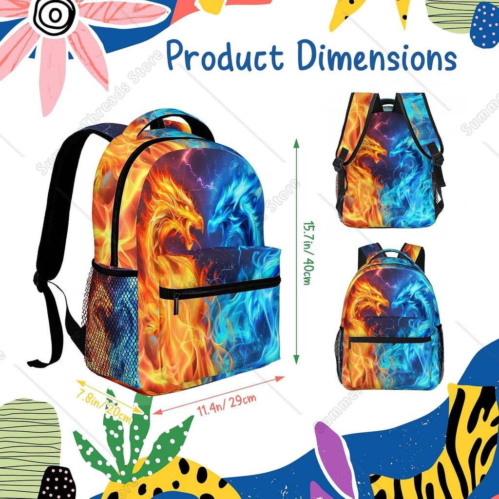 Dragons Backpack For Boys Girls Red Blue Fire Bookbags Lightweight Adjustable Elementary Middle High School Bags