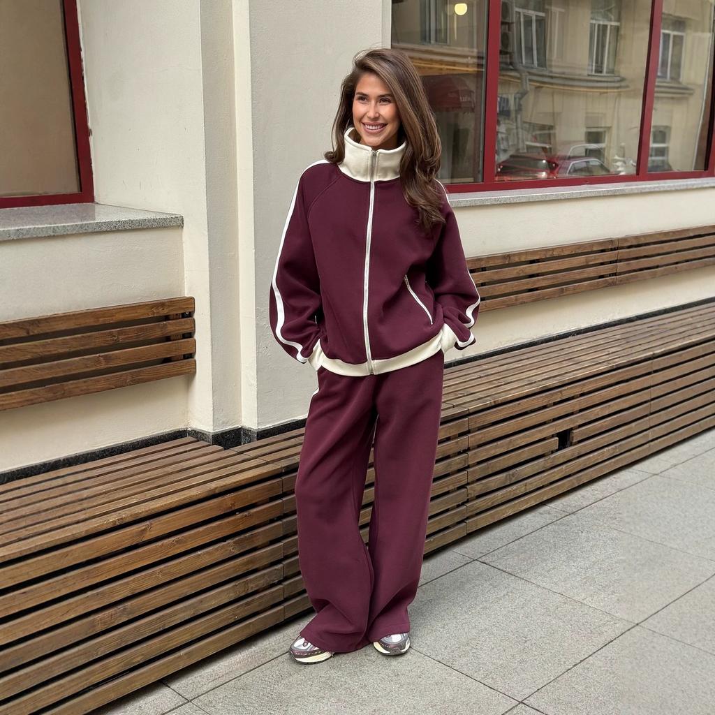 American retro lazy neutral wind contrasting color lapel sweater set women's high-end loose straight trousers two-piece set