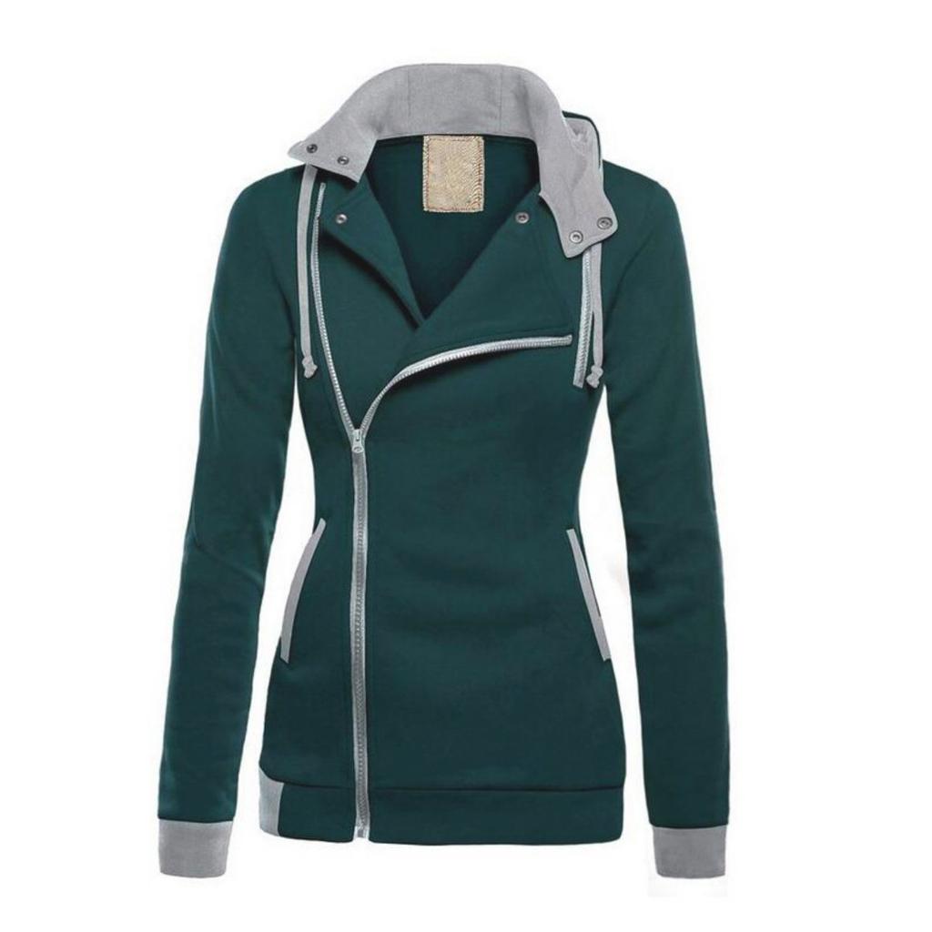 Women's  Spring Fleece Lined Color Block Hooded Sweatshirt, Thickened Warm Diagonal Zipper Hoodie