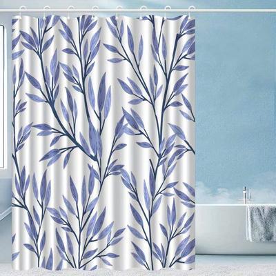 1 Stück nordische minimalistische blaue Pflanze Blatt Blume Duschvorhang, hochwertiger eleganter Badezimmervorhang, Badezimmerdekorationsmuster