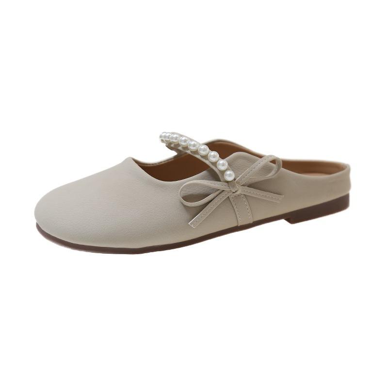 Flat-bottomed casual bag head half slippers spring new with skirt bow beaded decorative one-pedal single shoes