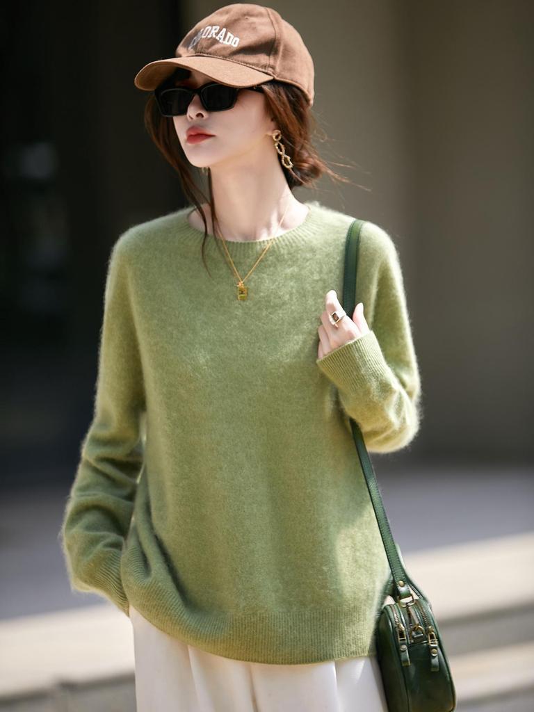 Women's Brushed Wool Round Neck Sweater - Autumn/Winter Cozy Cashmere Base Layer, Loose Fit, Lazy Style