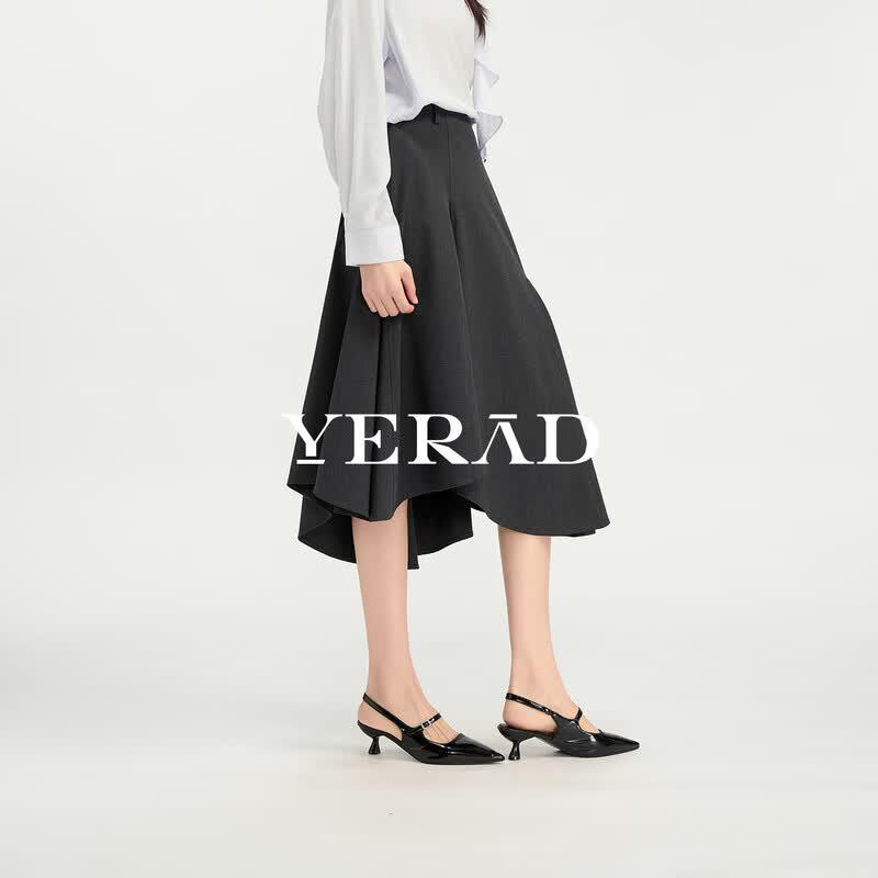 YERAD Pleated Irregular Hem A-Line Midi Skirt