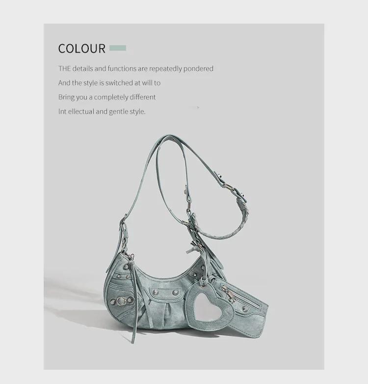 Geantă de motocicletă plisată Crescent pentru femei 2023, cu nituri și ciucuri