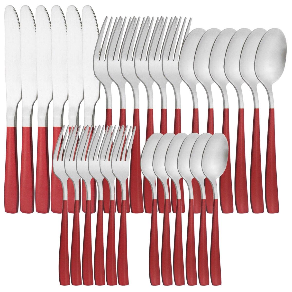 

Высококачественная матовая посуда из нержавеющей стали, набор столовых приборов, ножи, вилки, чайная ложка, столовые приборы, столовые приборы, вечерние кухонные столовые приборы, набор посуды красный/серебряный