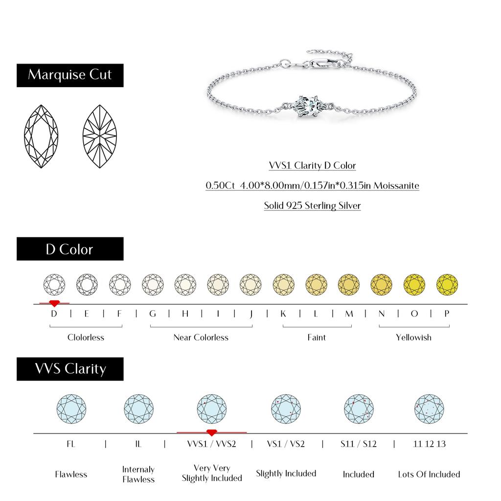 MODIAN 0.5CT Marquise Cut Moissanite 925 Silver Fashion Lab Diamond Link Chain Bracelets For Women Fine Jewelry Gift