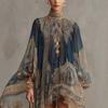 Women's Stand Collar Long Puff Sleeve Printed Chiffon Mini Dress Loose Irregular Hem Boho Vacation Cover Up Dress