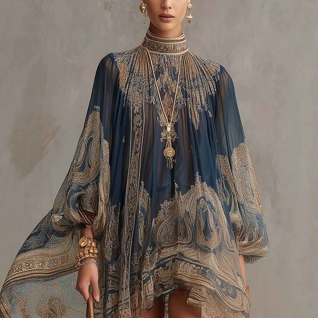 Women's Stand Collar Long Puff Sleeve Printed Chiffon Mini Dress Loose Irregular Hem Boho Vacation Cover Up Dress