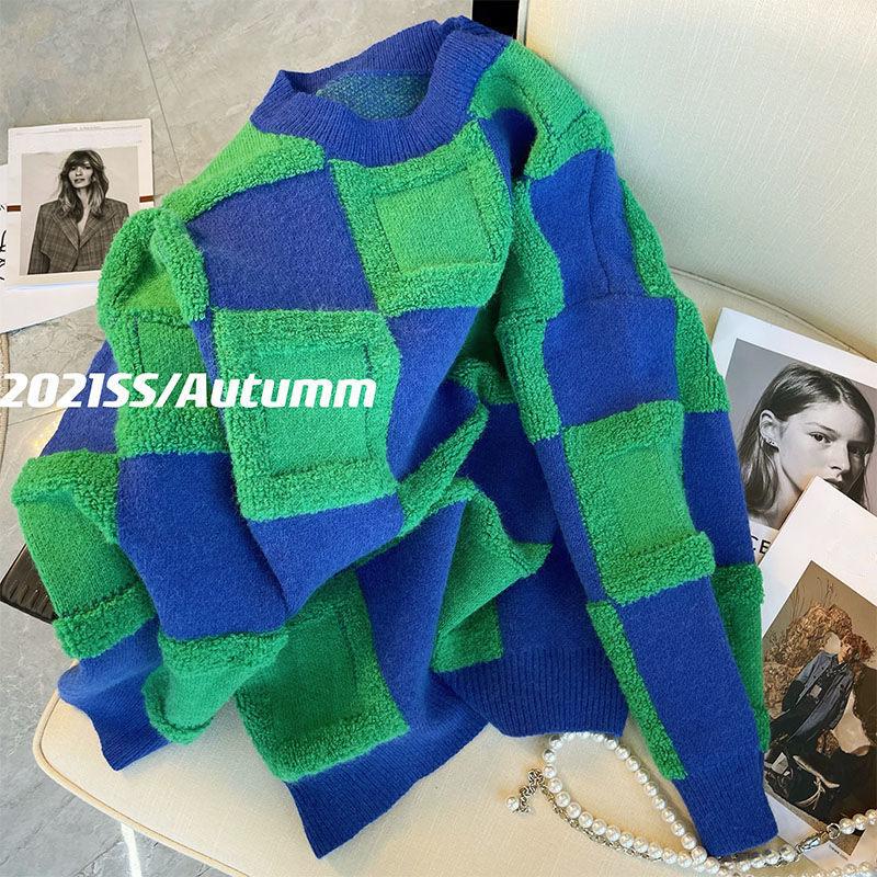 Sweter damski jesień zima projekt damski mały niebieski zielony szwy krata sweter damski nowy leniwy sweter topy