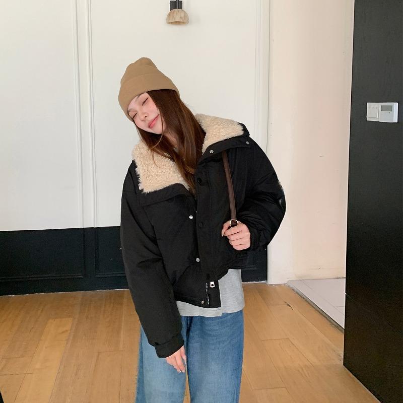 Lamb wool lapel Parker short cotton clothes women's winter clothes new small high waist thickened bread clothes trendy