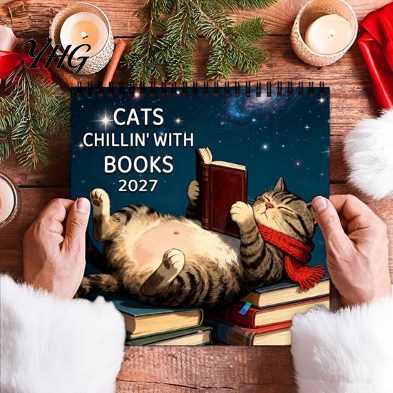 Academic Year Wall Planner 2027 Reading Cat Calendar, 7.87 x Inch Monthly Hanging Large Writing Grid with Thickened Paper And Spiral Binding for Home