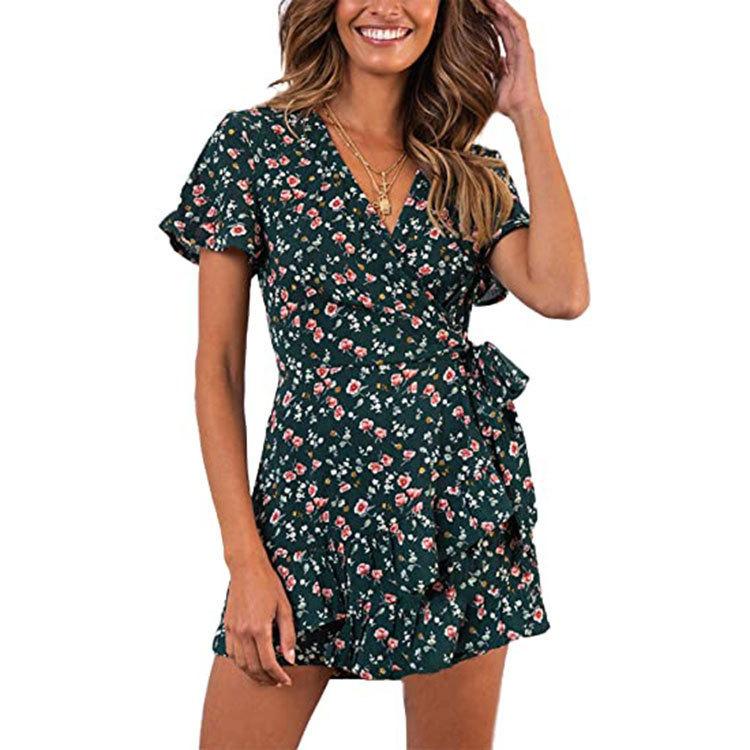 eBay Europe and the United States hot sale summer butterfly lace-up ruffle edge short-sleeved skirt V-neck print dress