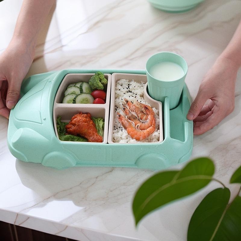 Bamboo Fiber Kids' Cartoon Car Tableware Set – Creative Divided Bowl Gift