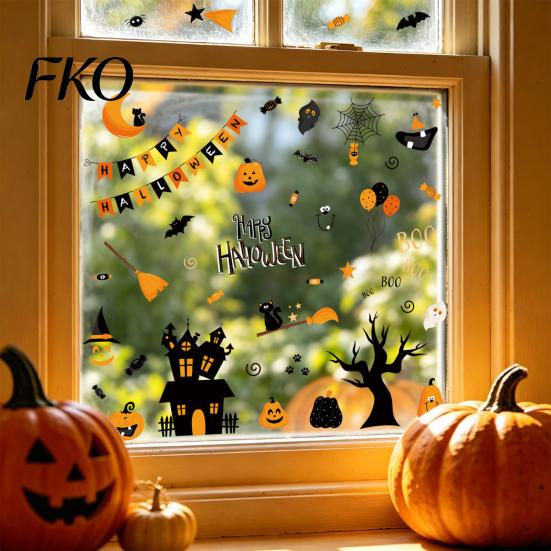 Non-adhesive Glass Stickers 4 Sheets Halloween Electrostatic Stickers, Cartoon Pumpkins Castle Bats Window PVC Waterproof Static Clings for