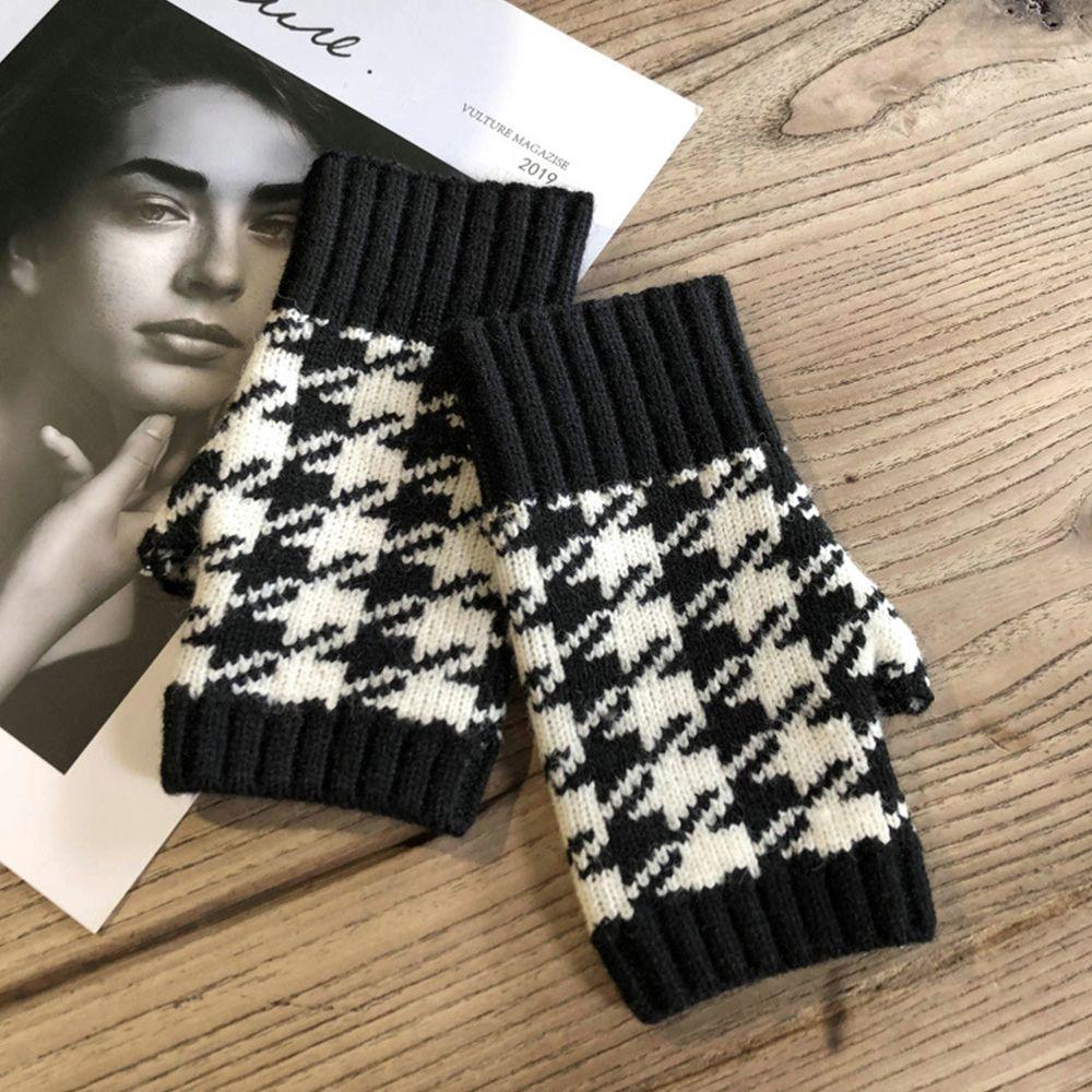 Outdoor Warm Driving Houndstooth Stripe Adult Winter And Autumn Half Fingers Gloves Knitting Korean Style Mittens Women Gloves