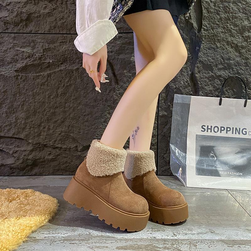 Flip snow boots women's winter height and thinness thick-soled velvet cotton shoes Yadan wind sweet solid color tide