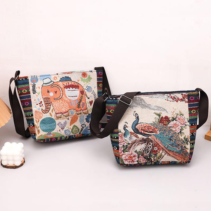 Yogodlns Håndveske i etnisk stil Broderi Elefant Lerret Dame Skuldervesker Dagligvareoppbevaringsveske Stor kapasitet Crossbody-veske