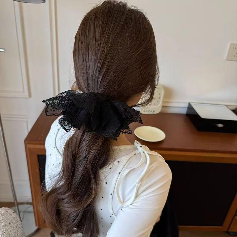 Sweet Double Layered Lace Flower Hair Scrunchies For Women Long Ribbon Bow Tie Girls Big Ruffles Bands Accessorie