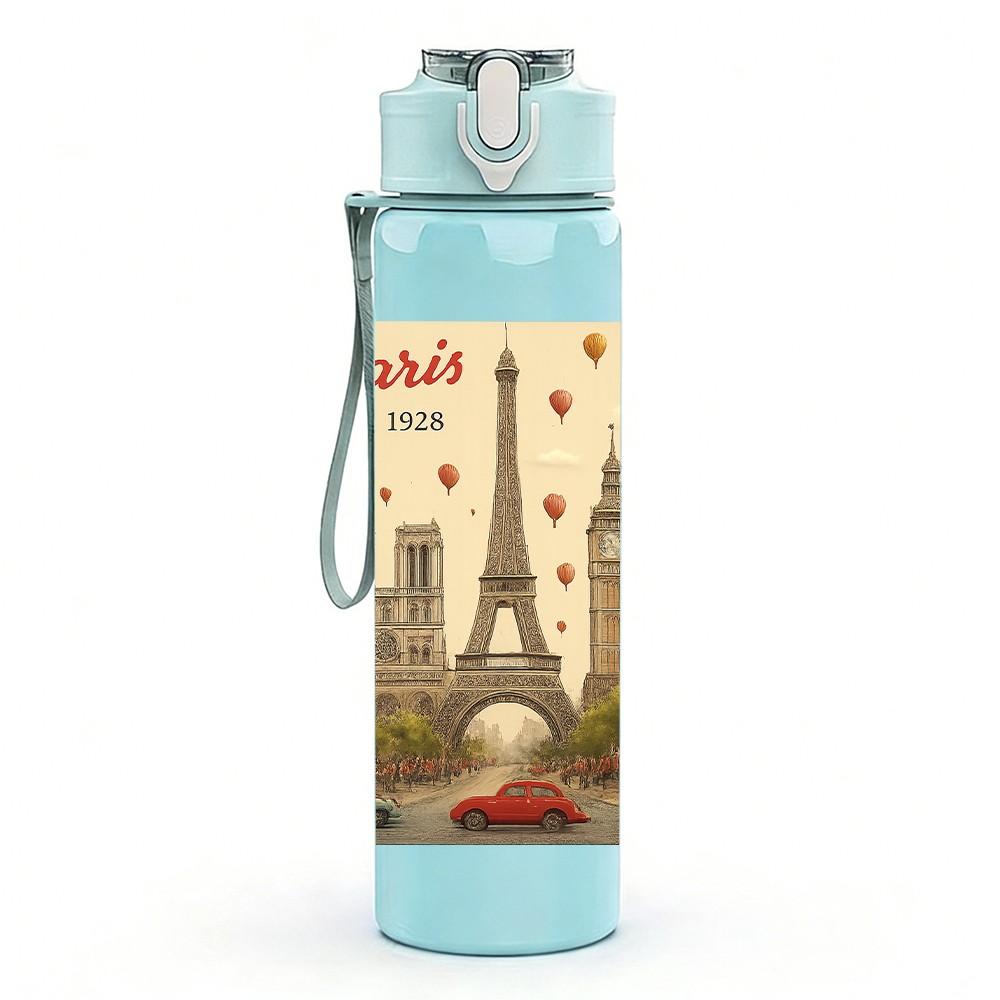 1PC Paris Eiffel Tower Retro Card 750ml Color Plastic Sports Water Bottle Leakproof Flip Straw Lid For Sports Office Home Use