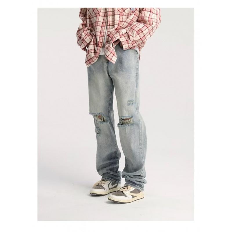 JYL Men s Slim Jeans Cross-Border Pleated Ripped High-Street Elastic Denim XL янтарь