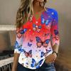 Women 3/4 Sleeve V Neck Henley Pullover Shirt American Flag Print Casual Fashion Top