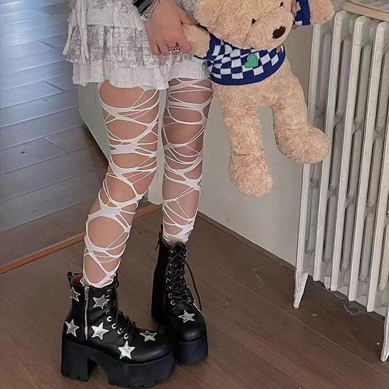 Móda Punk Roztrhané Punčocháče s Dírkami Nue Sexy Lolita Gotické Punčochy s Pavučinou Dámské Y2k Černé Síťované Měkké Punčocháče Vysoké Punčochové zboží
